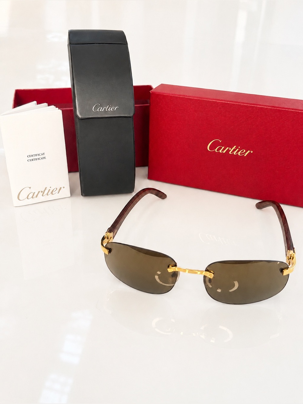 Vintage Cartier Paris 18K Gold Bubinga Wood Rimless Sunglasses Full Set